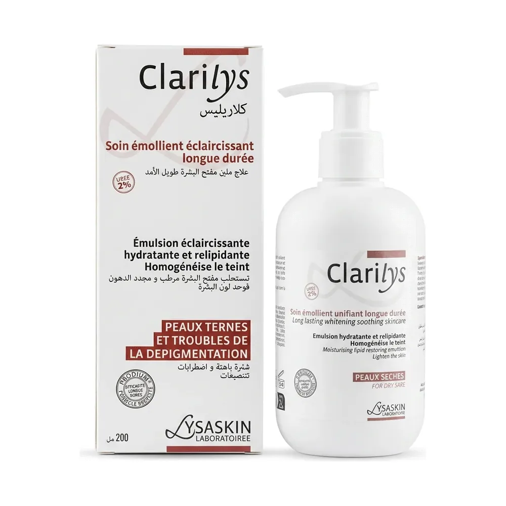 Clarilys – Soin émollient éclaircissant longue durée – Émulsion hydratante et relipidante clarifiante – 200 ml