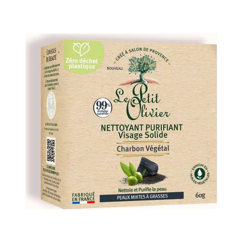 Le Petit Olivier Nettoyant Purifiant Visage Solide Charbon Végétal 60g