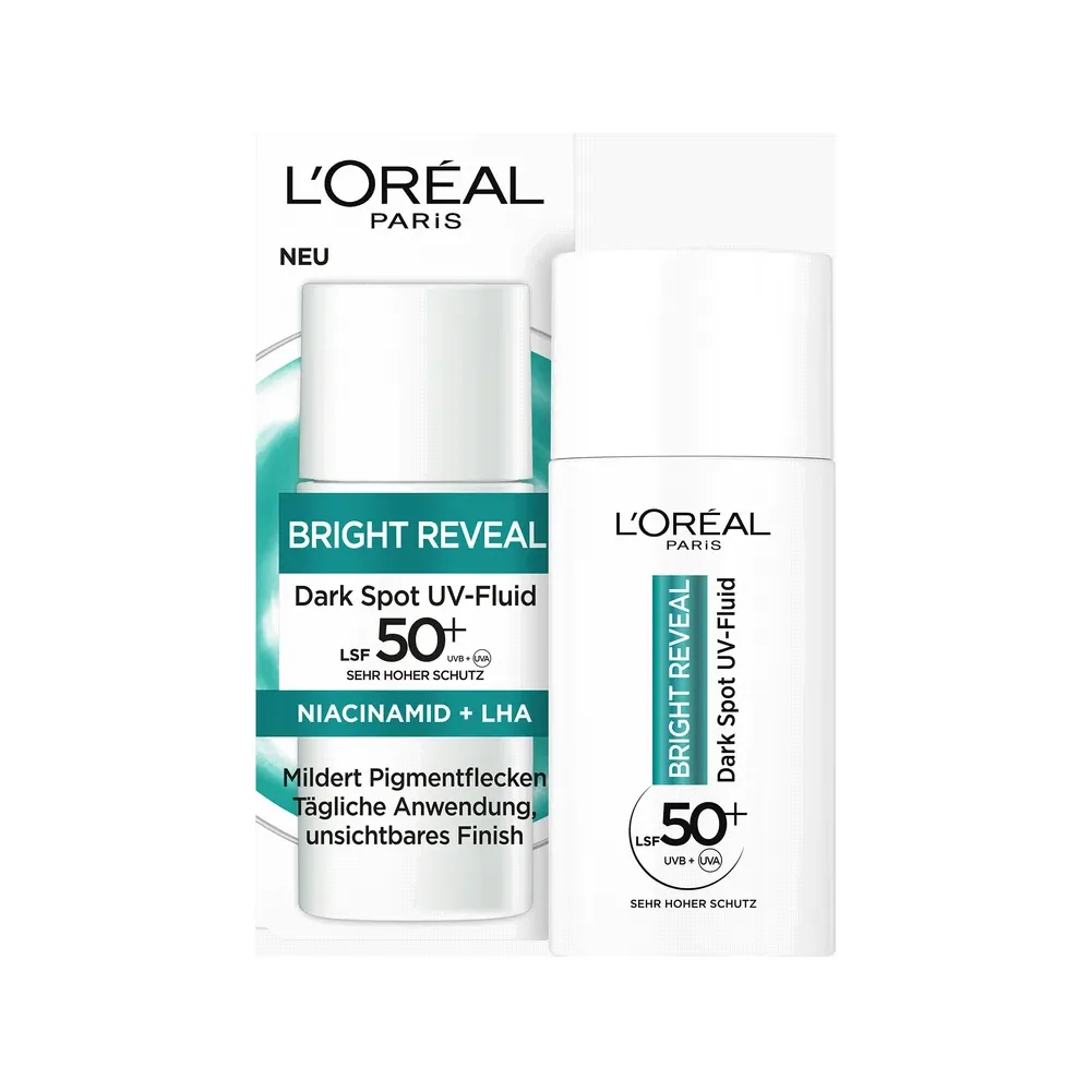 L’Oréal Paris – Fluide Anti-UV SPF50+ – Enrichi en Niacinamide – Protège & Corrige les Taches – Pour Tous Types de Peau – Bright Reveal – 50 ml